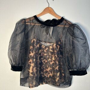 Puff sleeve Sheer Black over Leopard Print Blouse velvet trim fits size L
